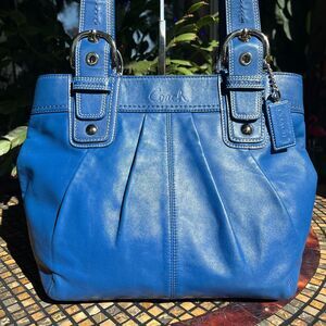 Coach Leather Soho Shoulder Tote Bag Buckles Blue Silver